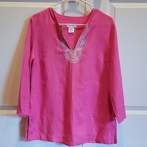 KATE HILL Linen Pink V-Neck Boxy Shirt 3/4 Sleeves sz medium